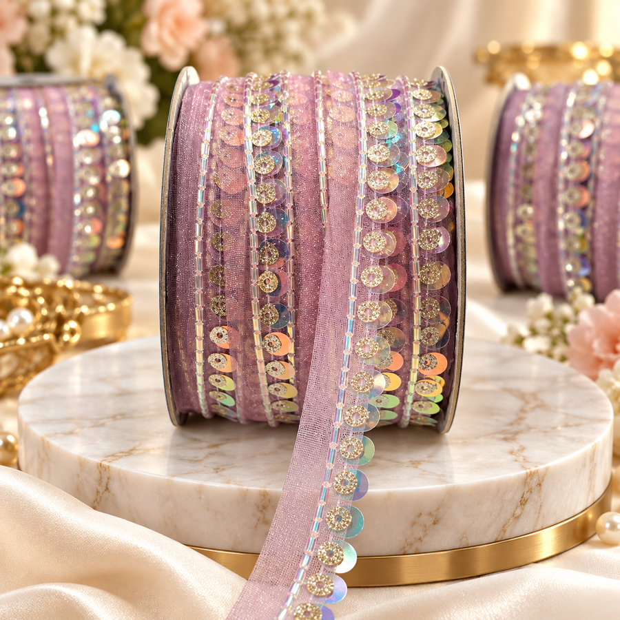 Light Pink Sequin & Bead Work Decorative Lace Border for Saree, Blouse & Dupatta – Pack of 3 Rolls, 9 Meters Each