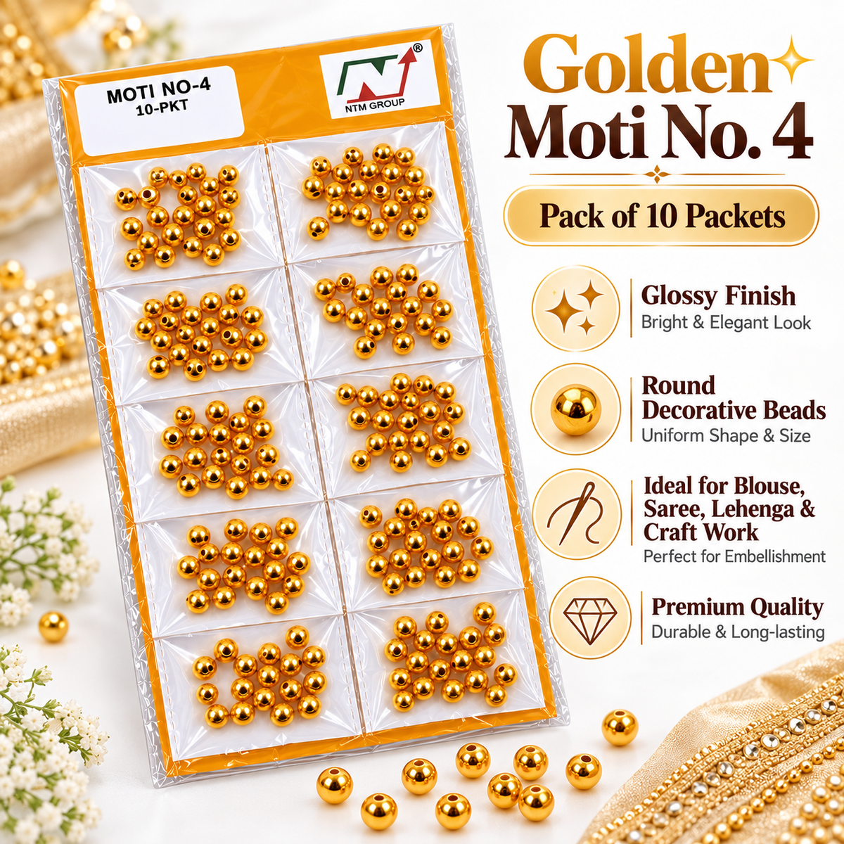Golden Moti No. 4 Round Decorative Beads for Blouse, Saree, Lehenga, Latkan & Craft Work | Pack of 10 Packets