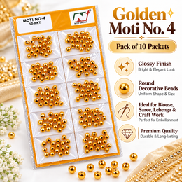 Golden Moti No. 4 Round Decorative Beads for Blouse, Saree, Lehenga, Latkan & Craft Work | Pack of 10 Packets