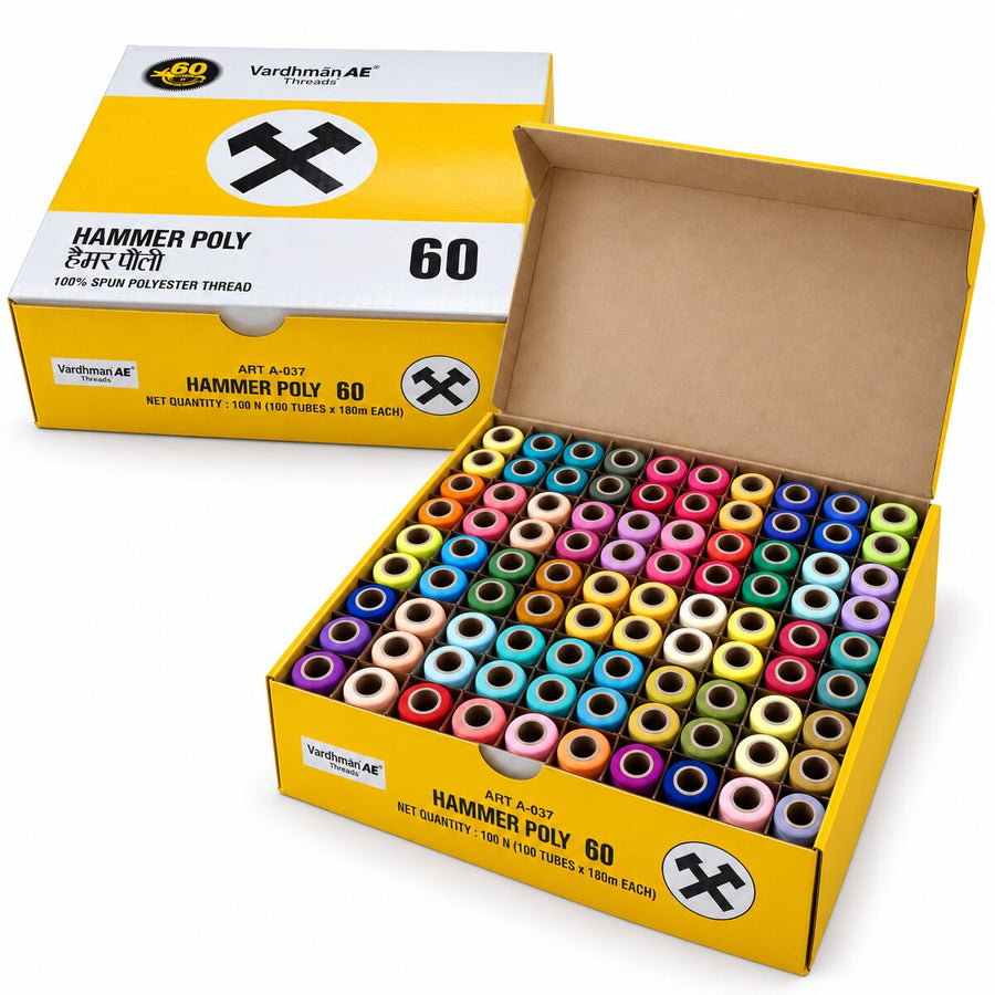 Vardhman AE Hammer Poly 60 Multicolour Mix 4 Sewing Thread Box | 100 Tubes x 180 Metres Each | 100% Spun Polyester Thread for Tailoring & Stitching