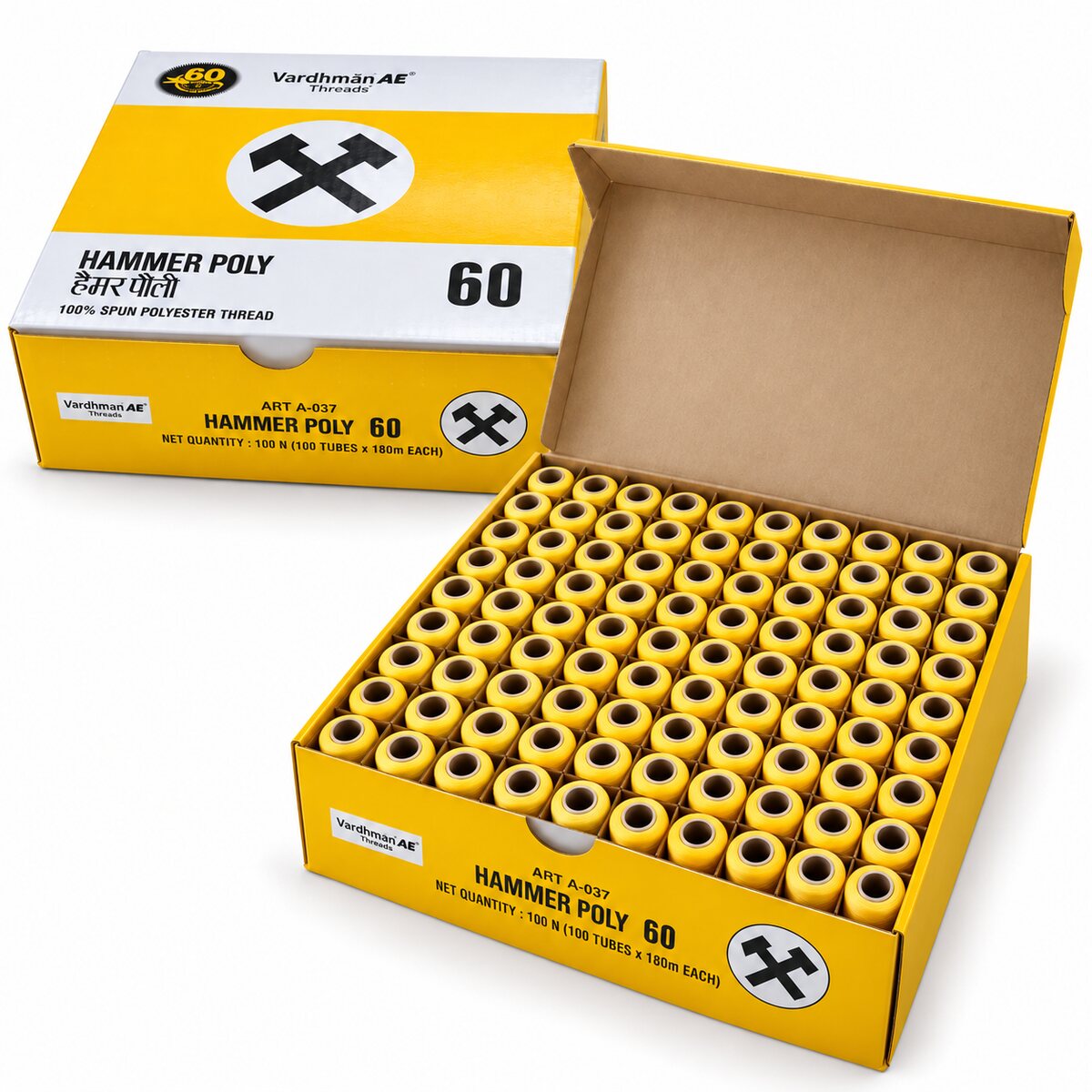 Vardhman AE Hammer Poly 60 Yellow Sewing Thread | 100 Tubes x 180 Metres Each | 100% Spun Polyester Thread