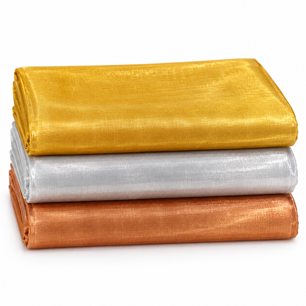 Premium Tissue Fabric 3 Piece Combo – Golden, Silver & Copper | 2 Metre Each | For Piping, Blouse & Tailoring Work