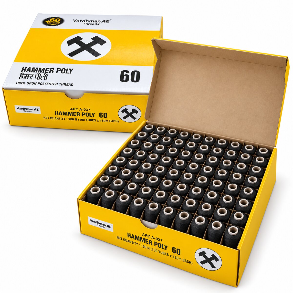 Vardhman AE Hammer Poly 60 Black Sewing Thread Box | 100 Tubes x 180 Metres Each | 100% Spun Polyester Thread
