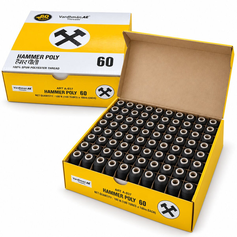 Vardhman AE Hammer Poly 60 Black Sewing Thread Box | 100 Tubes x 180 Metres Each | 100% Spun Polyester Thread