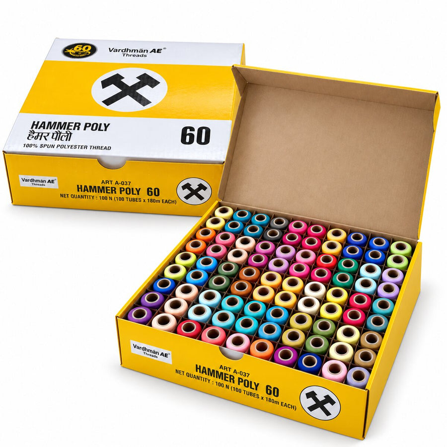 Vardhman AE Hammer Poly 60 Multicolour Mix 6 Sewing Thread Box | 100 Tubes x 180 Metres Each | 100% Spun Polyester Thread