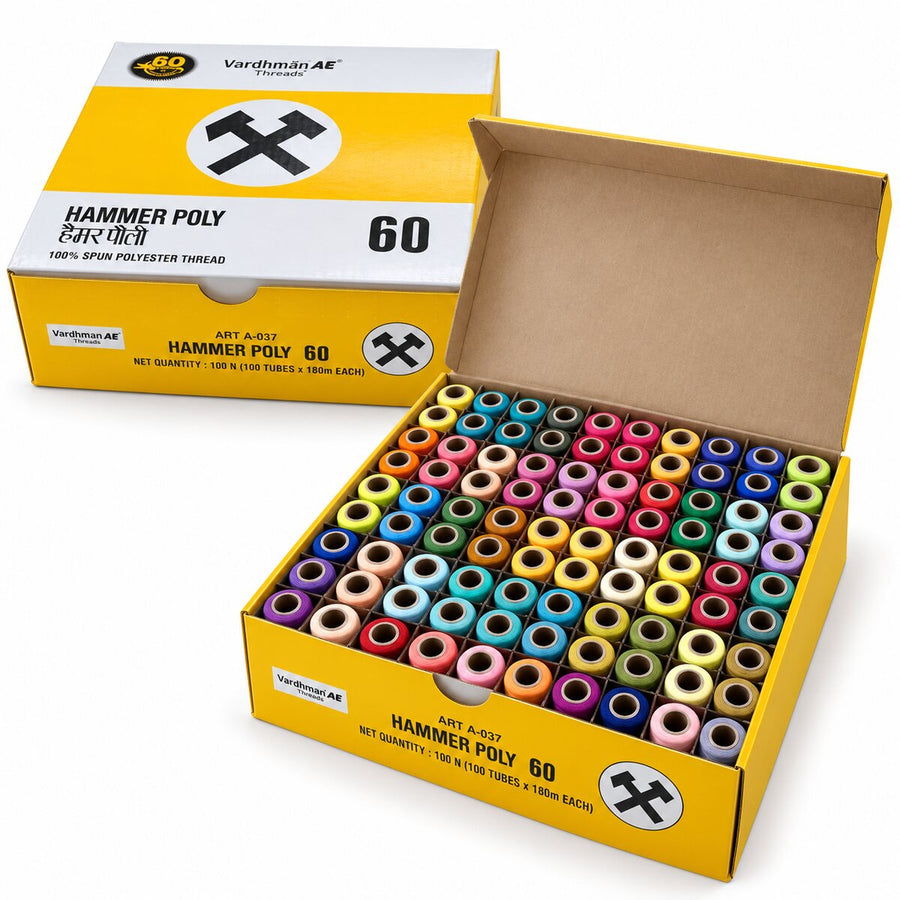 Vardhman AE Hammer Poly 60 Multicolor Sewing Thread Box | 100 Tubes x 180 Meter Each | 100% Spun Polyester Thread for Tailoring & Stitching