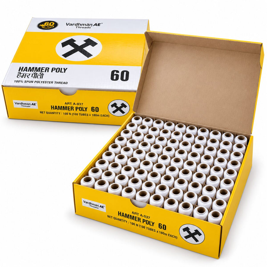 Vardhman AE Hammer Poly 60 White Sewing Thread Box | 100 Tubes x 180 Metres Each | 100% Spun Polyester Thread
