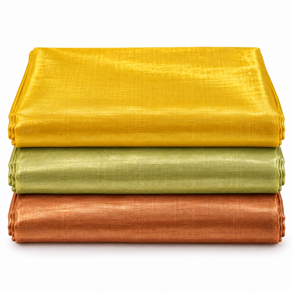 3 Piece Premium Tissue Fabric Combo – Golden, Light Olive Green & Copper | 2 Metre Each | For Piping, Dori & Tailoring