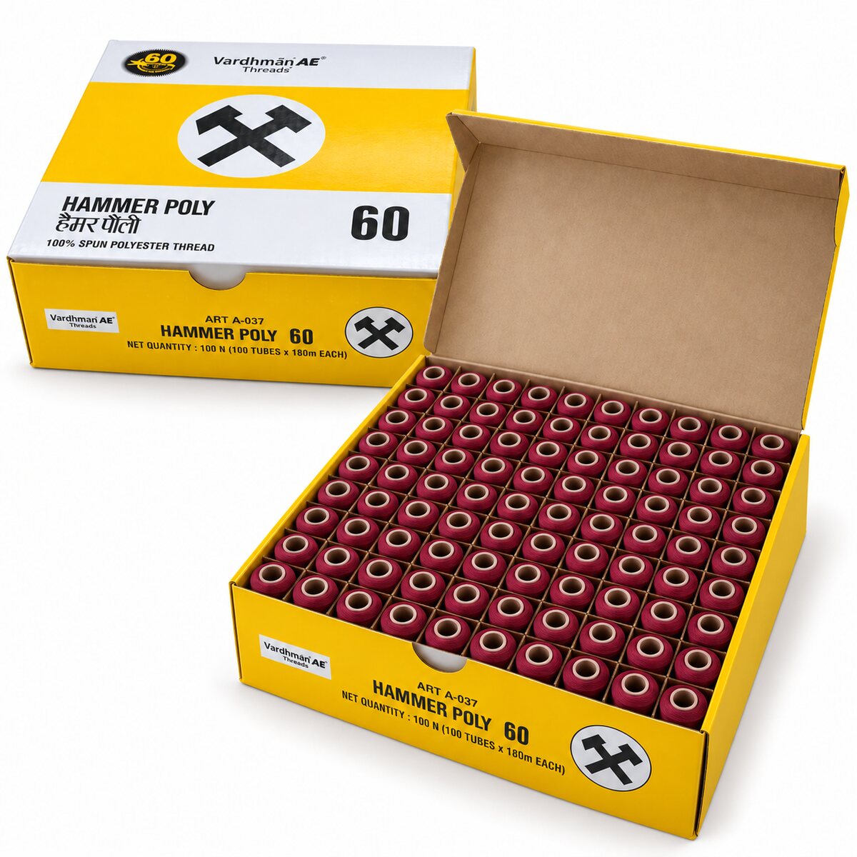 Vardhman AE Hammer Poly 60 Maroon Sewing Thread | 100 Tubes x 180 Metres Each | 100% Spun Polyester Tailoring Thread
