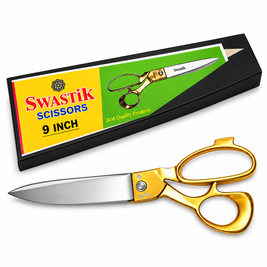 Swastik 9 Inch Golden Handle Tailoring Scissor | Heavy Duty Cloth Cutting Kainchi | Sharp Steel Blade Fabric Cutting Scissors