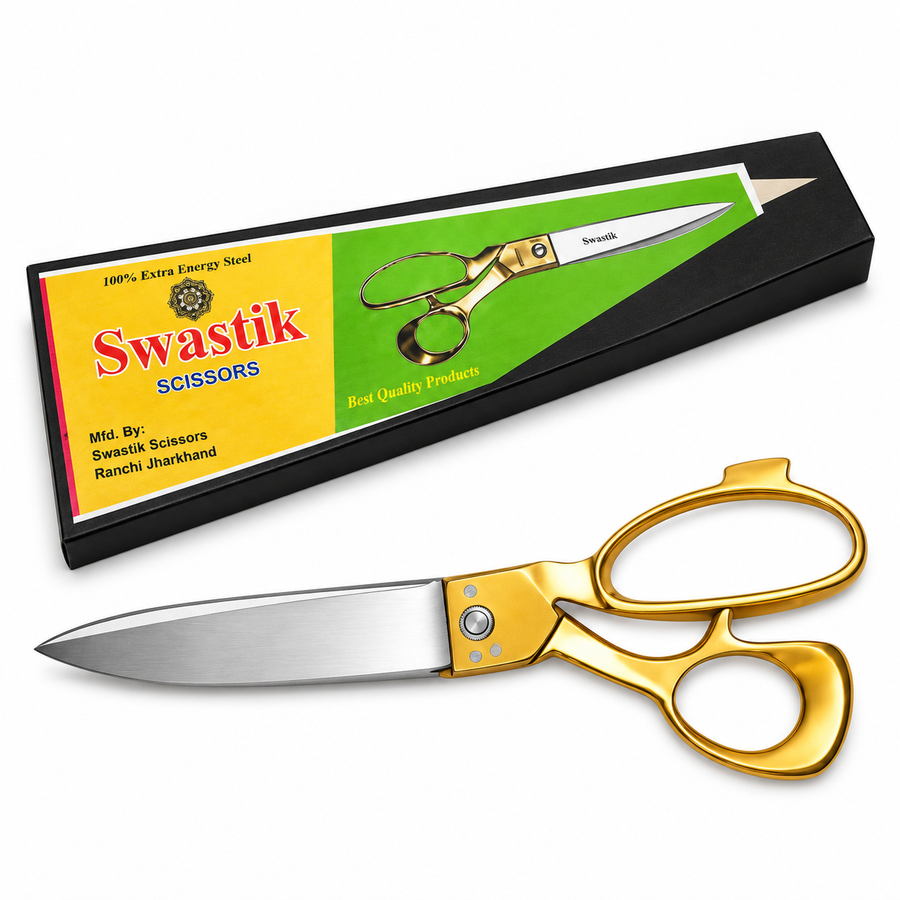 Swastik 8 Inch Tailoring Scissor with Golden Handle | Heavy Duty Cloth Cutting Kainchi | Steel Blade Fabric Cutting Scissor
