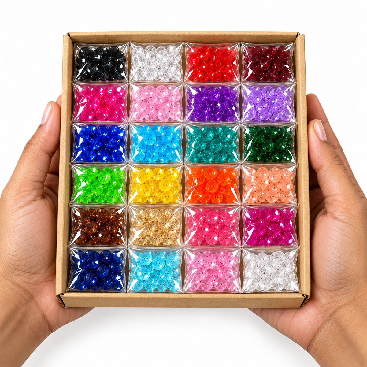 Assorted Colour 2-Hole Blouse Buttons – Box of 24 Packets | Fancy Sewing Buttons for Tailoring