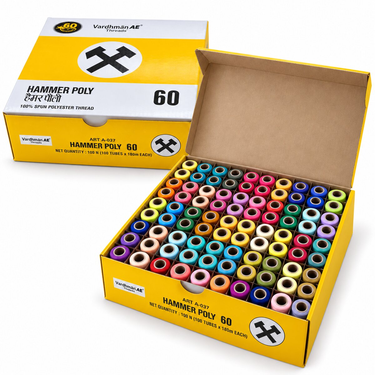Vardhman AE Hammer Poly 60 Multicolour Mix 4 Sewing Thread Box | 100 Tubes x 180 Metres Each | 100% Spun Polyester Thread for Tailoring & Stitching