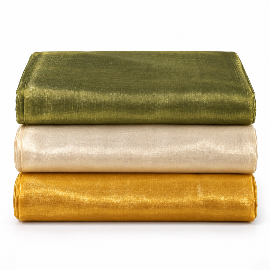 Metallic Tissue Fabric 3 Piece Combo – 2 Metre Each | Golden, Cream & Olive Green | Blouse, Piping, Craft & Tailoring Fabric