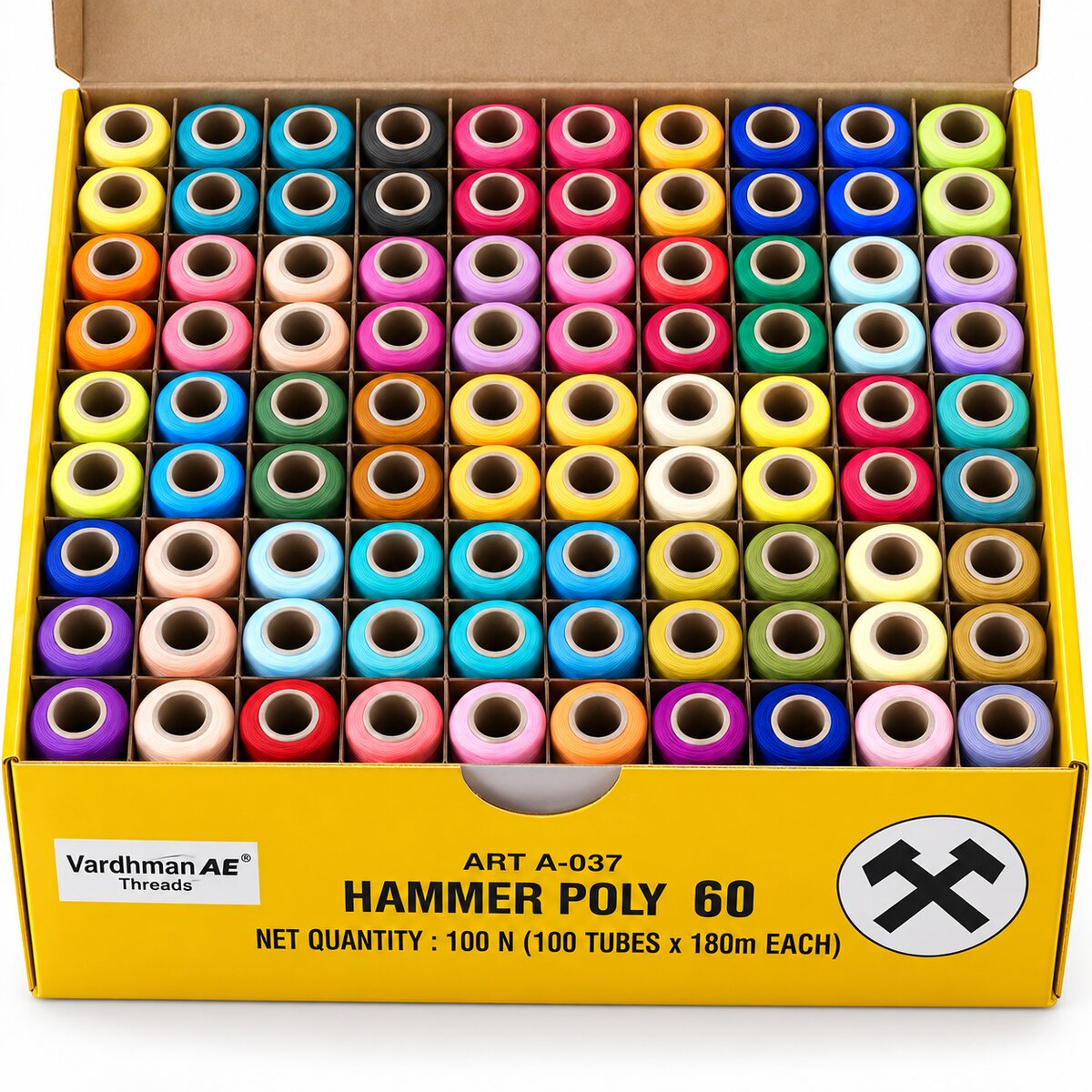 Vardhman AE Hammer Poly 60 Multicolour Mix 3 Sewing Thread Box | 100 Tubes x 180 Metres Each | 100% Spun Polyester Thread for Tailoring & Stitching