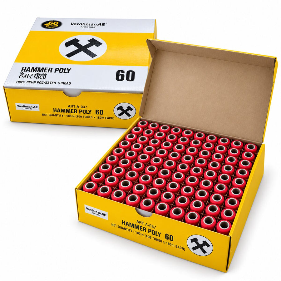 Vardhman AE Hammer Poly 60 Red Sewing Thread | 100 Tubes x 180 Metres Each | 100% Spun Polyester Thread