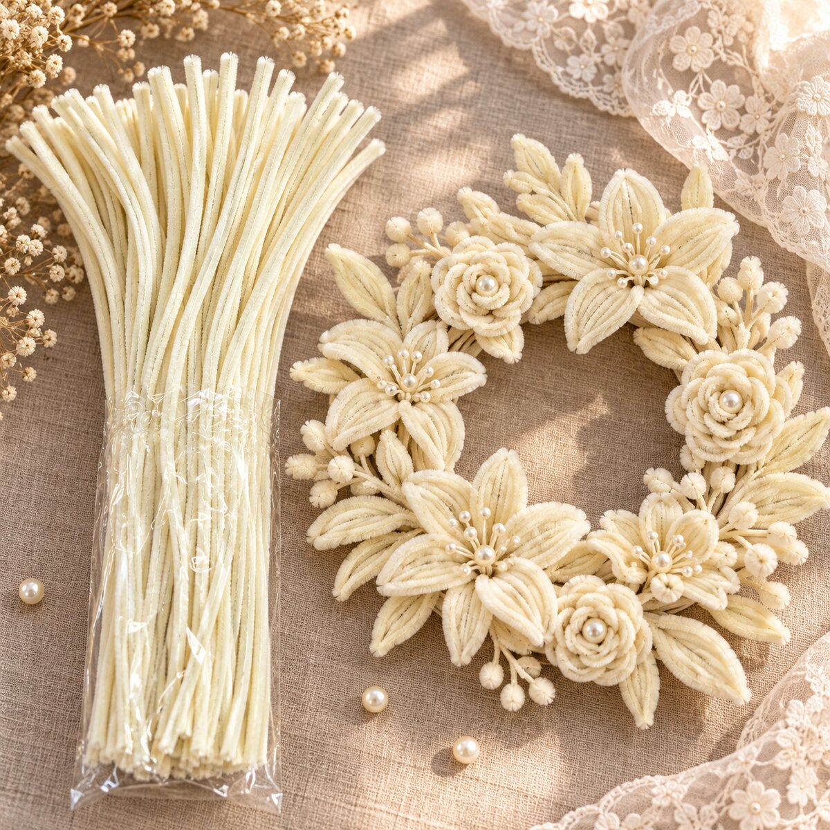 Cream Chenille Stems Pipe Cleaners for Craft & Flower Making – 100 Pieces per Packet