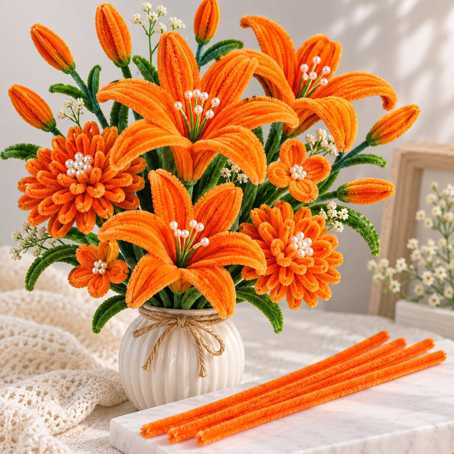 Orange Chenille Pipe Cleaner Craft Stems – 100 Pieces Pack | DIY Flower Making & Craft Material