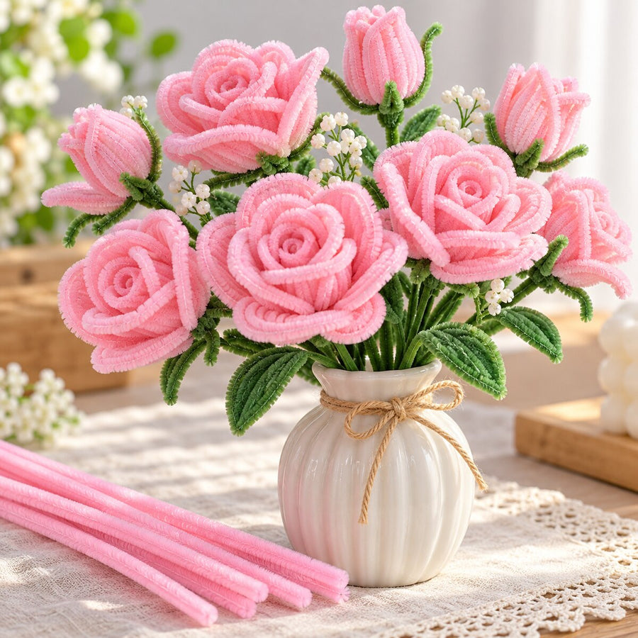 Pink Chenille Stems Pipe Cleaners for Craft & Flower Making – 100 Pieces per Packet