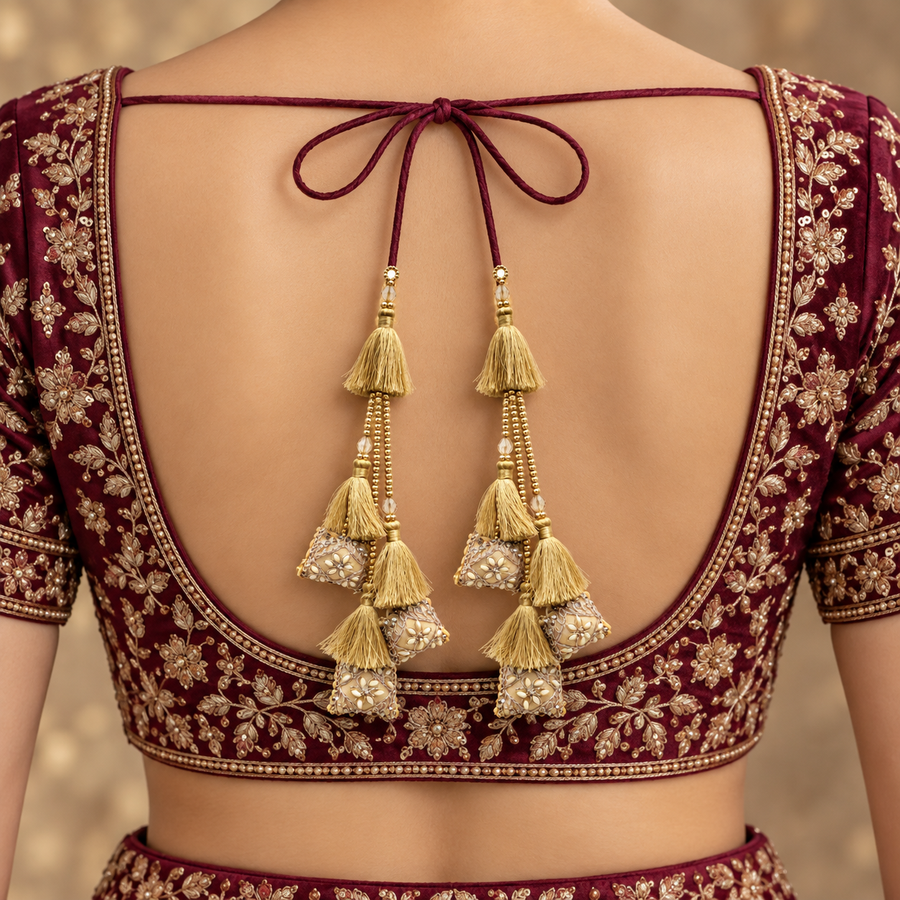 Premium Golden Designer Blouse Latkan with Silk Tassels, Beads & Floral Embroidery – Pack of 2