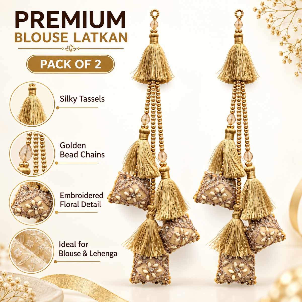 Premium Golden Designer Blouse Latkan with Silk Tassels, Beads & Floral Embroidery – Pack of 2