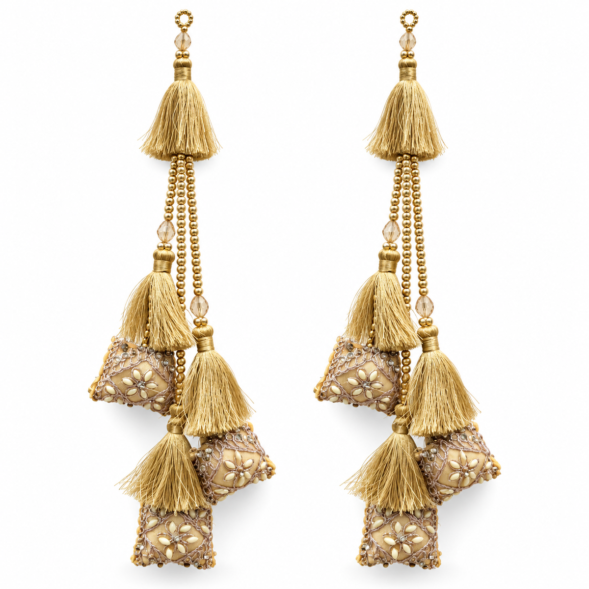 Premium Golden Designer Blouse Latkan with Silk Tassels, Beads & Floral Embroidery – Pack of 2