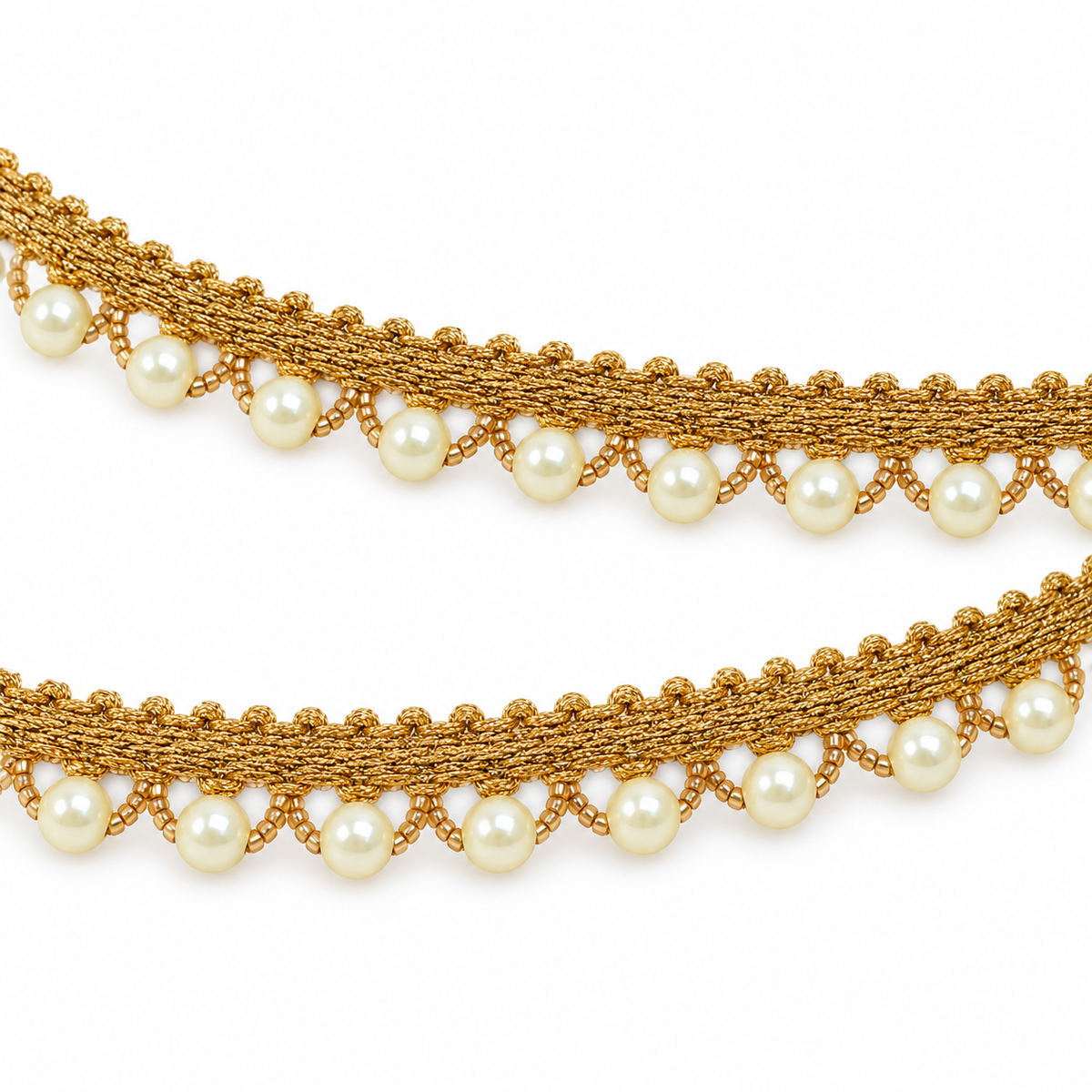 Golden Cream Pearl Beaded Hanging Lace Border for Saree, Blouse & Dupatta – 7 Meter