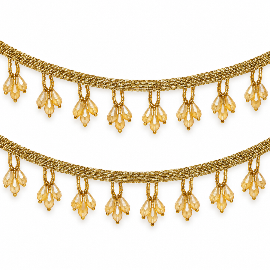 Golden Triple Teardrop Beaded Hanging Lace Border for Saree, Blouse & Dupatta – 7 Meter