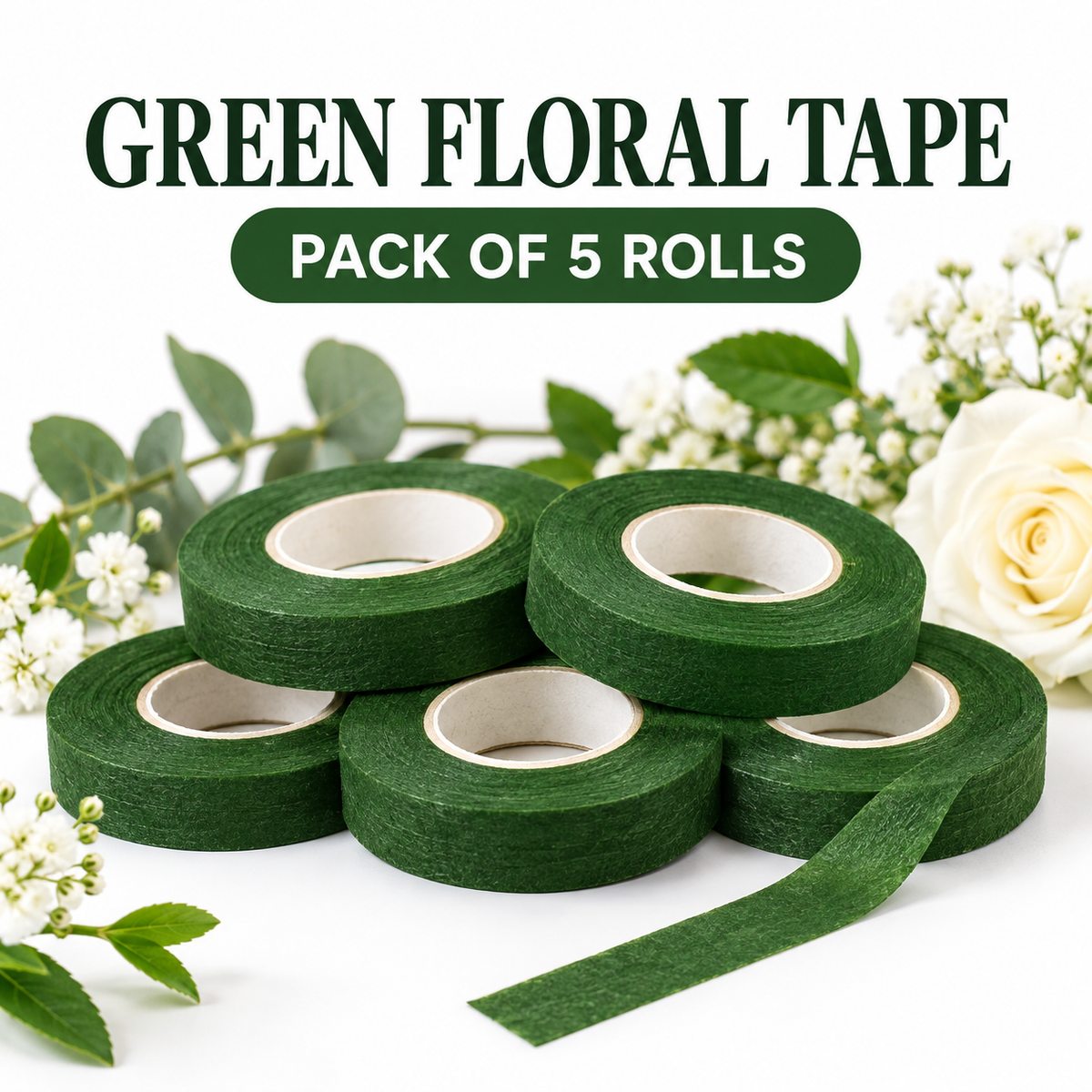 Green Floral Tape for Flower Making & Bouquet Wrapping – Pack of 5 Rolls