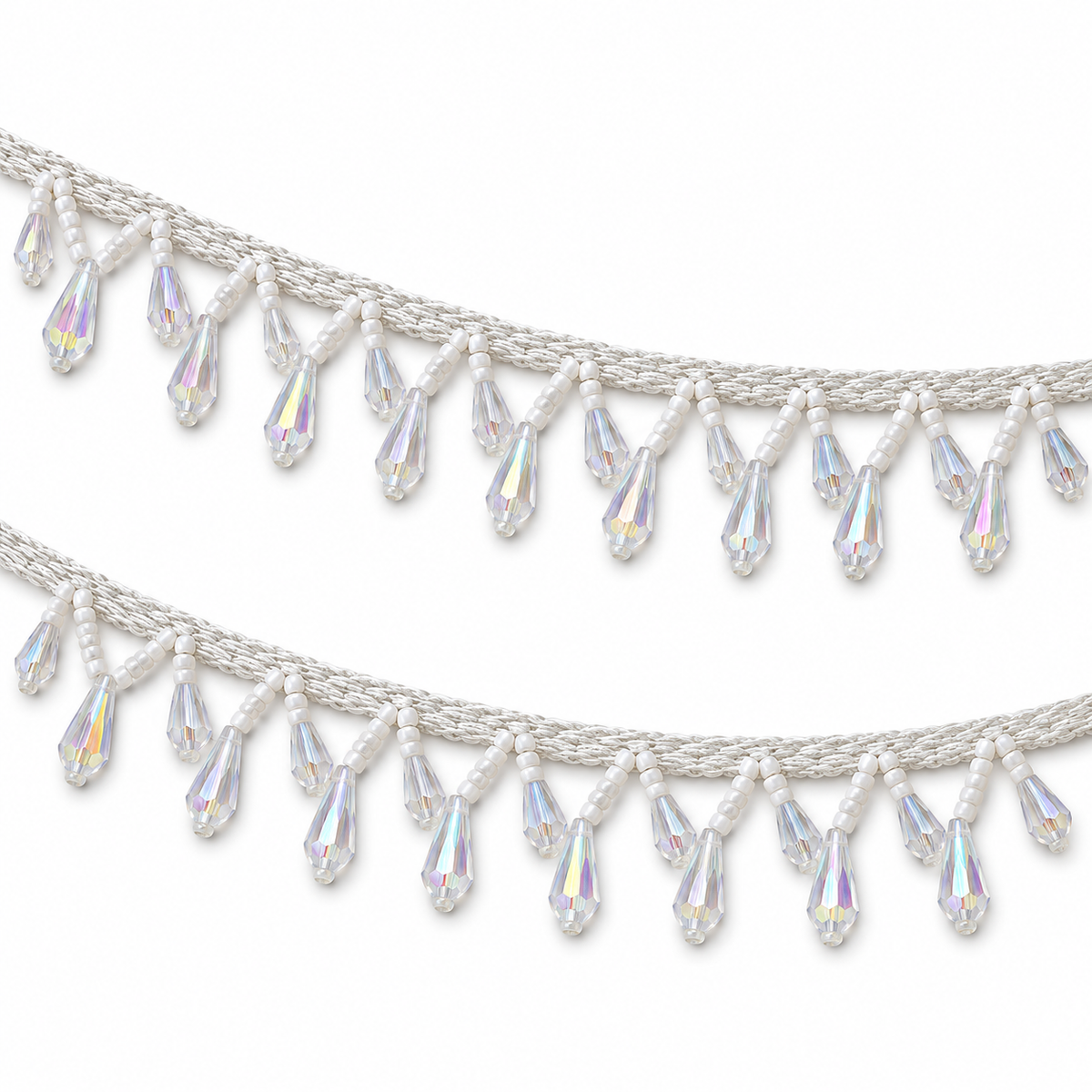 White Moti & Crystal-Style Teardrop Hanging Lace Border for Saree, Blouse & Dupatta – 7 Meter