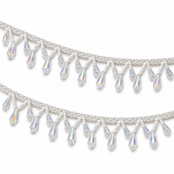 White Moti & Crystal-Style Teardrop Hanging Lace Border for Saree, Blouse & Dupatta – 7 Meter