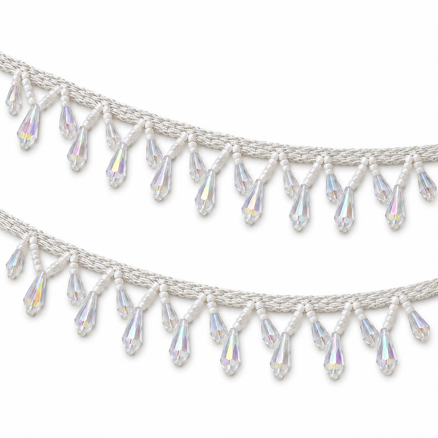 White Moti & Crystal-Style Teardrop Hanging Lace Border for Saree, Blouse & Dupatta – 7 Meter