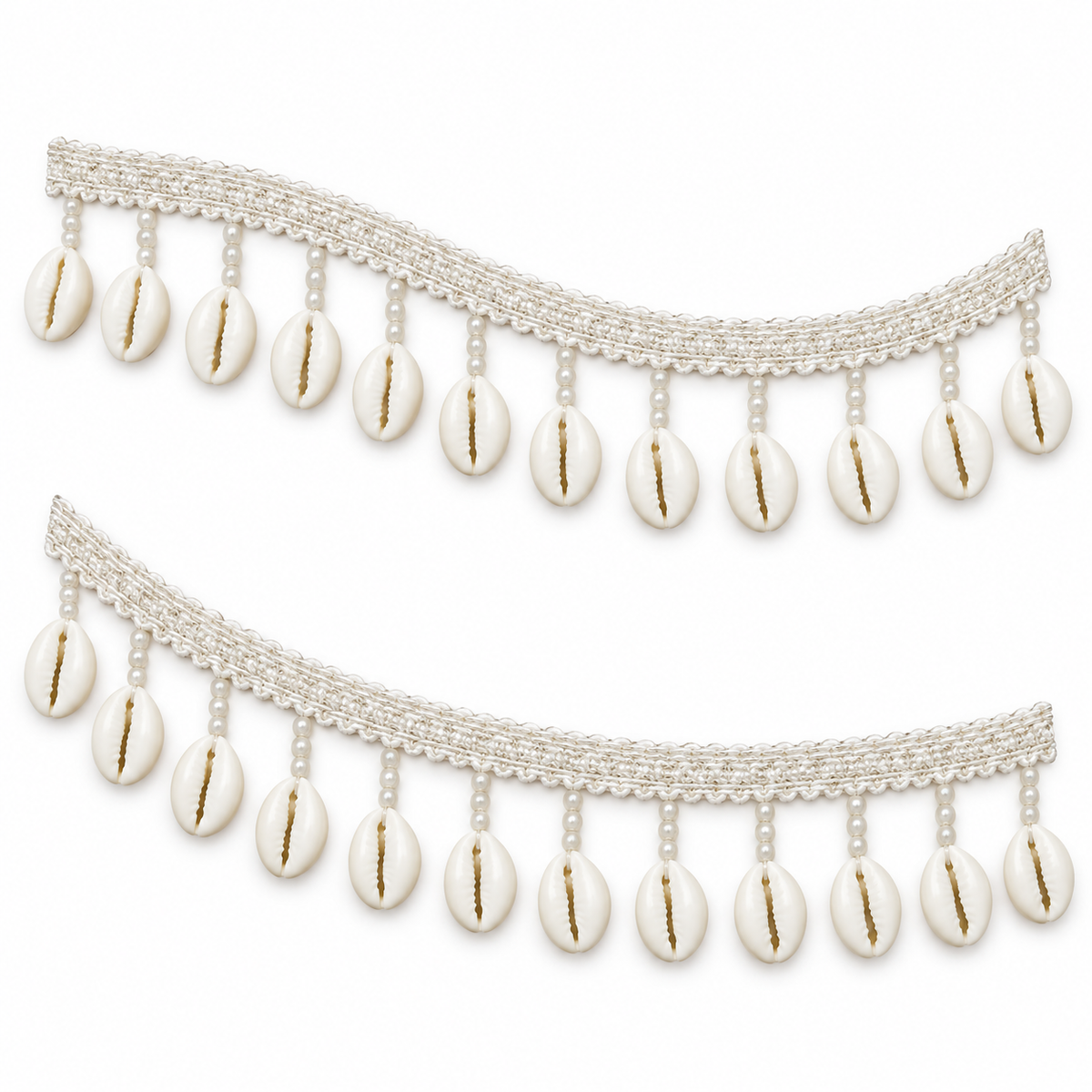 White Cowrie Shell Hanging Lace Border with Moti Beads for Saree, Blouse & Dupatta – 7 Meter