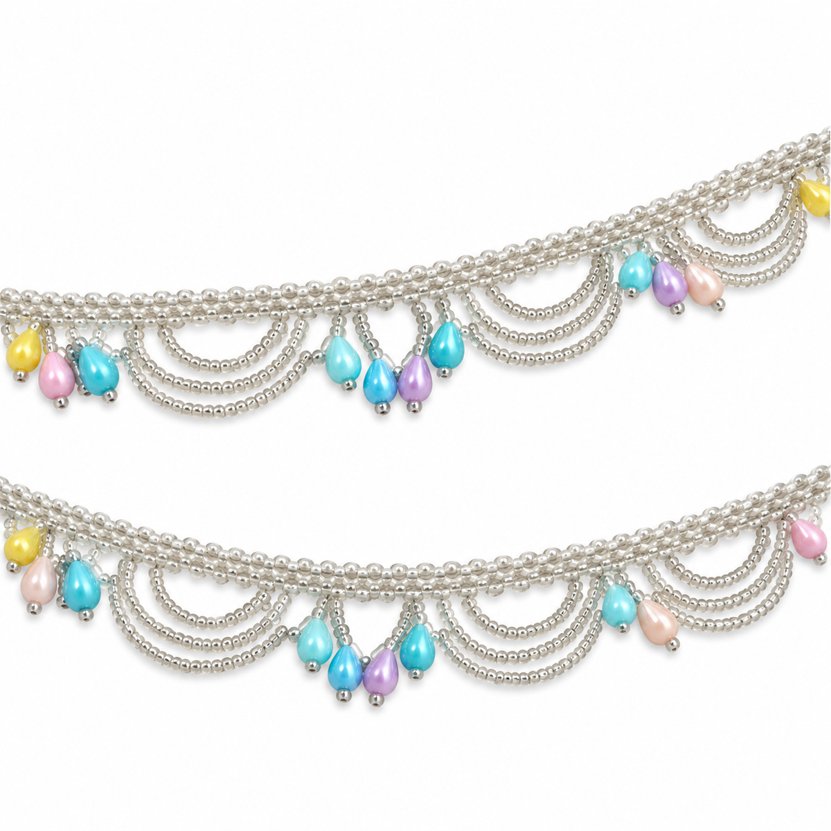 Silver Beaded Scalloped Hanging Lace with Pastel Multicolour Teardrops for Saree, Blouse & Dupatta – 7 Meter