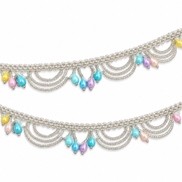 Silver Beaded Scalloped Hanging Lace with Pastel Multicolour Teardrops for Saree, Blouse & Dupatta – 7 Meter