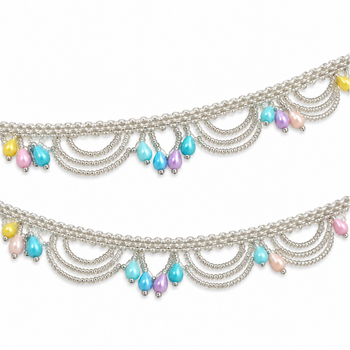 Silver Beaded Scalloped Hanging Lace with Pastel Multicolour Teardrops for Saree, Blouse & Dupatta – 7 Meter