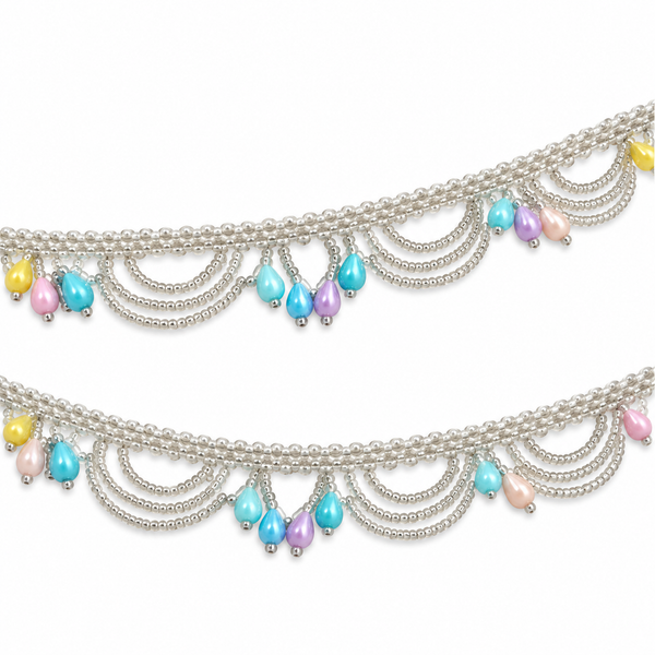 Silver Beaded Scalloped Hanging Lace with Pastel Multicolour Teardrops for Saree, Blouse & Dupatta – 7 Meter