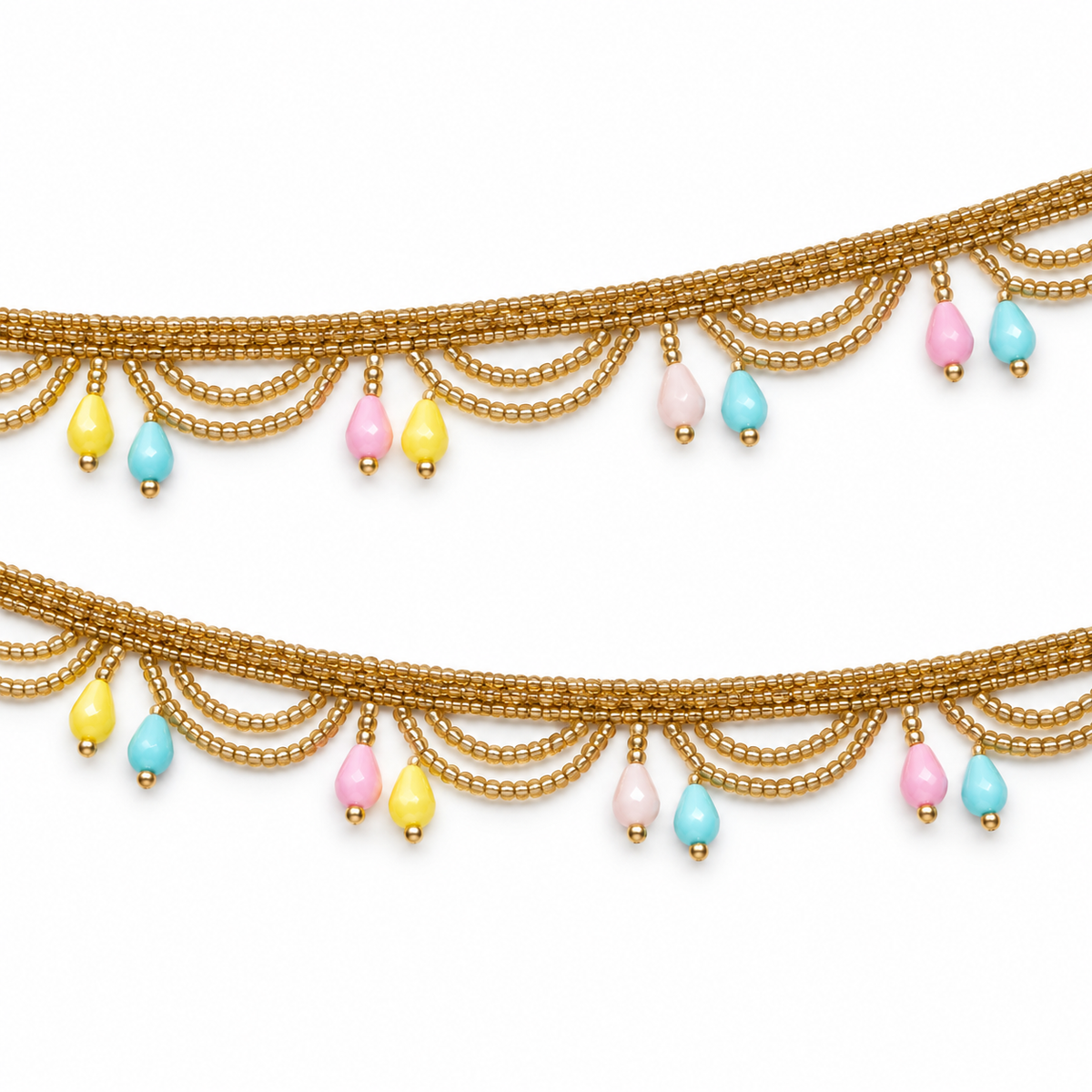 Golden Beaded Scalloped Hanging Lace with Pastel Multicolour Teardrops for Saree, Blouse & Dupatta – 7 Meter
