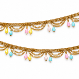 Golden Beaded Scalloped Hanging Lace with Pastel Multicolour Teardrops for Saree, Blouse & Dupatta – 7 Meter