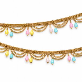 Golden Beaded Scalloped Hanging Lace with Pastel Multicolour Teardrops for Saree, Blouse & Dupatta – 7 Meter