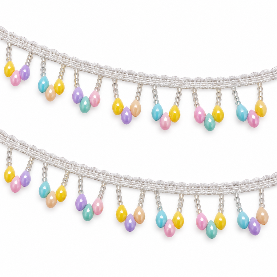 White Pastel Multicolour Teardrop Beaded Hanging Lace Border for Saree, Blouse & Dupatta – 7 Meter