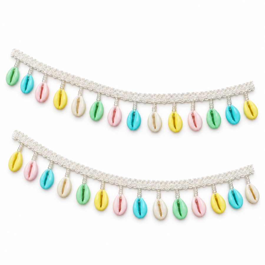 White Pastel Multicolour Cowrie Shell Hanging Lace Border for Saree, Blouse & Dupatta – 7 Meter