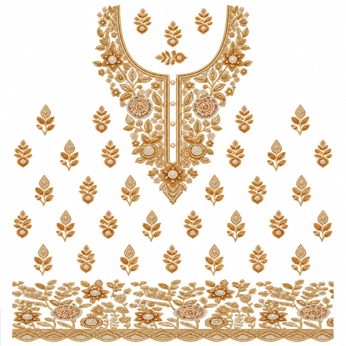 Gold-Tone & Ivory Floral DTF Heat Transfer Sticker Set with Neckline, Border and Leaf Motifs for Suit & Blouse