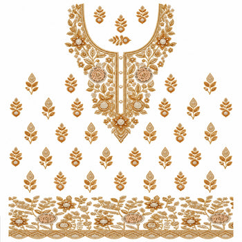 Gold-Tone & Ivory Floral DTF Heat Transfer Sticker Set with Neckline, Border and Leaf Motifs for Suit & Blouse