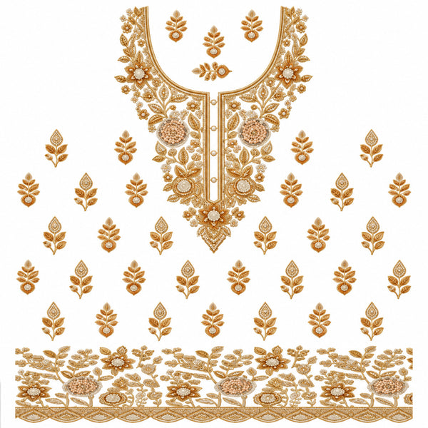 Gold-Tone & Ivory Floral DTF Heat Transfer Sticker Set with Neckline, Border and Leaf Motifs for Suit & Blouse