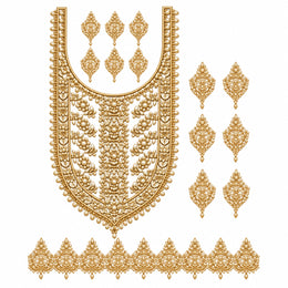 Gold-Tone Pearl Effect DTF Heat Transfer Sticker Set with Ornamental Neck Panel, Border and Motifs for Suit & Blouse