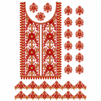 Red Floral & Gold-Tone DTF Heat Transfer Sticker Set with Long Neck Panel, Borders and Motifs for Suit & Blouse