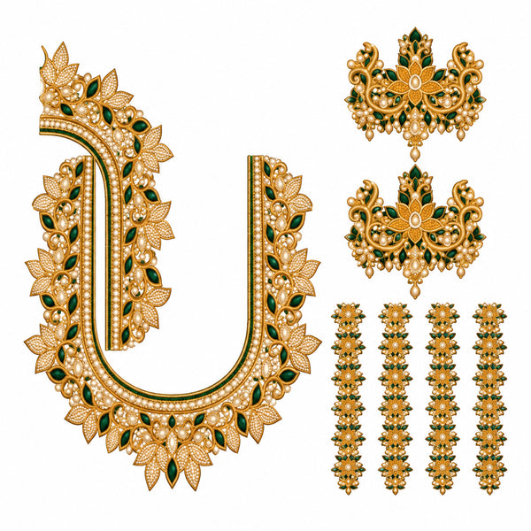 Green & Gold-Tone Pearl Effect DTF Blouse Sticker Set with Floral Neckline and Sleeve Motifs