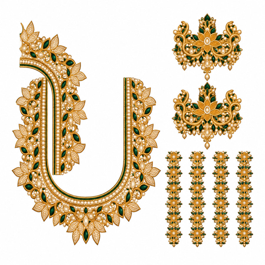 Green & Gold-Tone Pearl Effect DTF Blouse Sticker Set with Floral Neckline and Sleeve Motifs