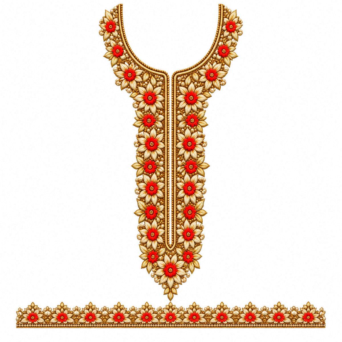 Red Floral & Gold-Tone Leaf DTF Heat Transfer Sticker Set with Neckline and Matching Border for Kurti & Suit